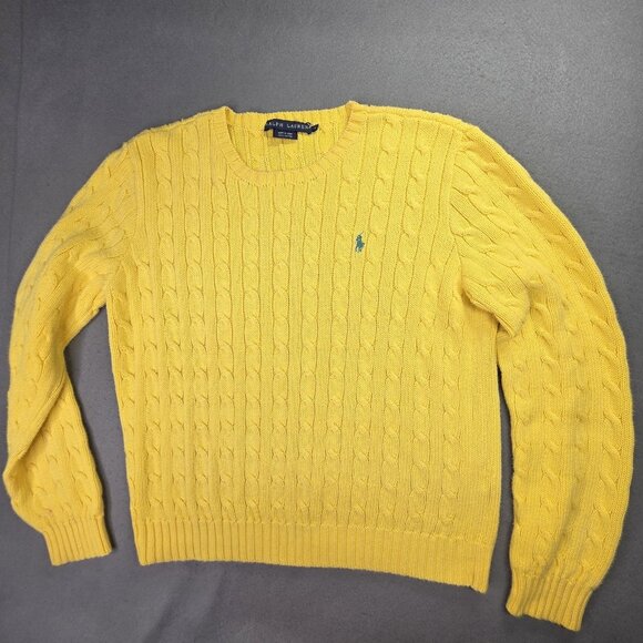 Ralph Lauren Sweater Womens XL Yellow Cable Knit V Neck Cotton Pony Pullover - Picture 1 of 10